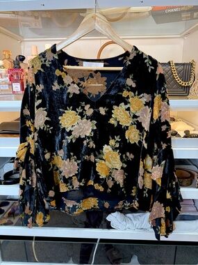 Karlie black velvet blouse top with yellow beige floral print and flowy sleeve
